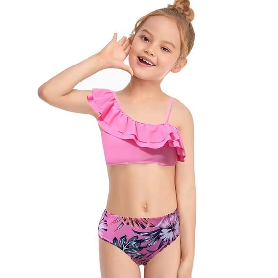 GYRATEDREAM Girls Swimsuit 2 Piece Tankini Set One Shoulder Bikini Tops High Waist Floral Bottom Quick Dry Bathing Suits