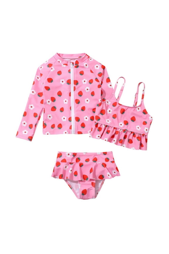 Girls Swimsuit 3 Pieces Zip Rash Guard Set Bikini Bathing Suits Summer Kids Long Sleeve UPF 50+ UV Surfing Swimwear for 2-10Y Pink