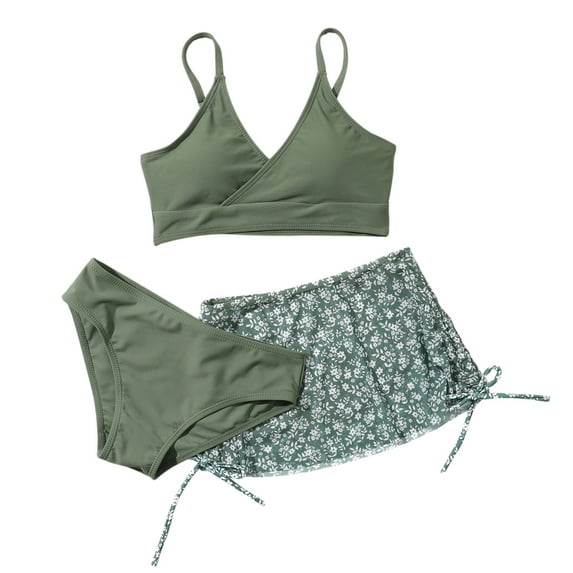 GYRATEDREAM Girls Swimsuit Floral Print V Neck Adjustable Straps Bikini with Cover Up Skirt 3Pcs Bathing Suits for Teen Girls