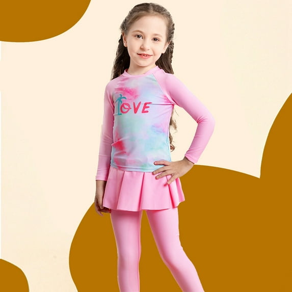 GYRATEDREAM Girls Swimsuit Long Sleeve Two Piece Tankini UPF 50+ Protective Rash Guard Set 4-8 Years