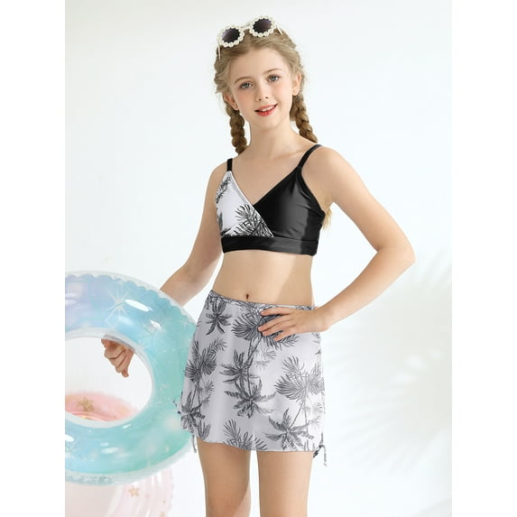 GYRATEDREAM Girls Swimsuit Tropical Print V Neck Bikini Set with with Drawstring Ruched Skirt Swimsuits for Teens 9-16Y