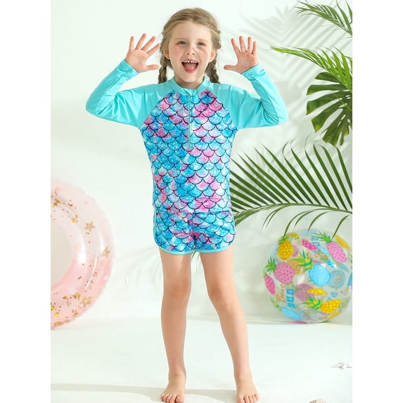 GYRATEDREAM Girls Swimsuit UPF 50+ UV Two Piece Long Sleeve Swimwear Zipper Rash Guard + Shorts Sets 3-10 Years