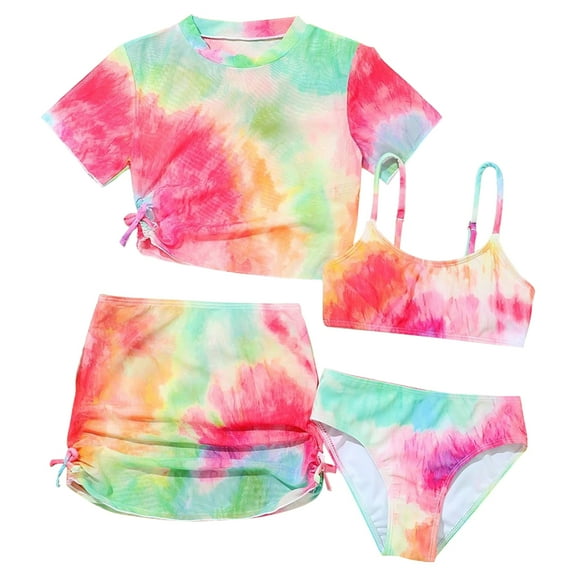 GYRATEDREAM Girls Swimsuits 4 Piece Tankini Bathing Suit Set Kids Cute Tie-dye Bikini Swimwear with Cover Ups Beach Skirt for 8-14Y