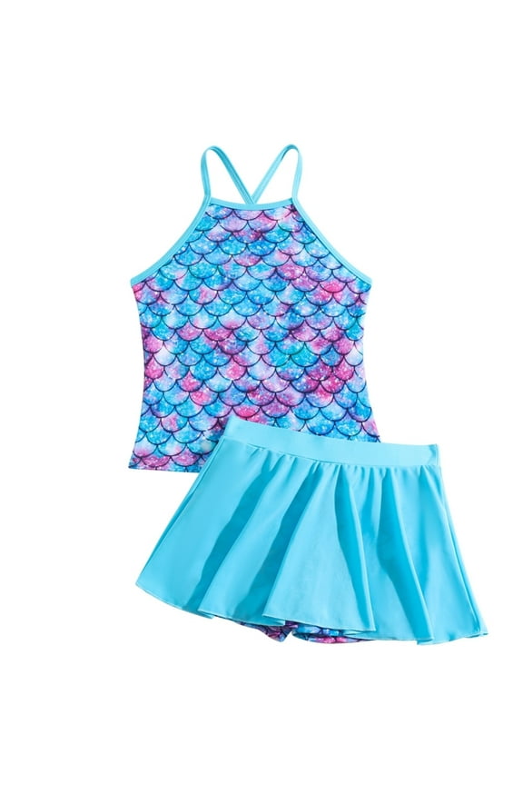 Girls Tankini Swimsuit Mermaid Bathing Suits Criss-Cross Strap Adjustable Summer Beach with Shorts Skirt Two Piece Swimwear for 3-12Y