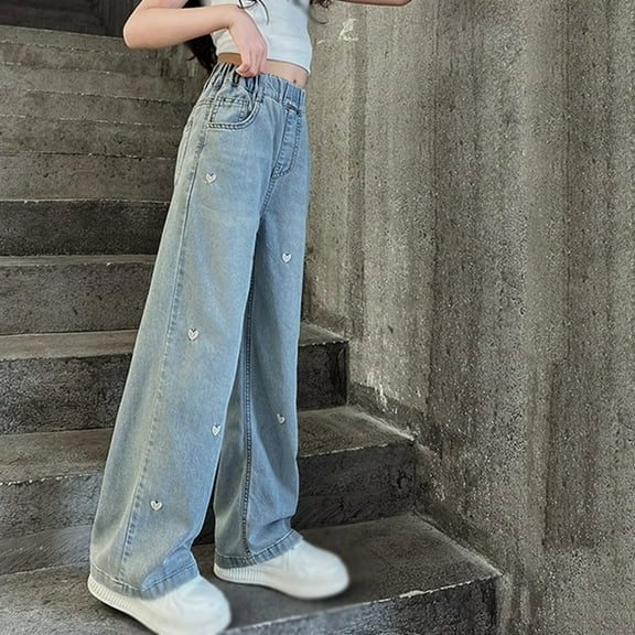 GYRATEDREAM Girls Wide Flare Jeans,Little Big Girl Ripped Wide Leg Soft Denim Pants 4-16 Years