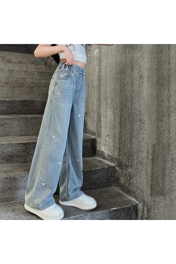 Girls Wide Flare Jeans,Little Big Girl Ripped Wide Leg Soft Denim Pants 4-16 Years