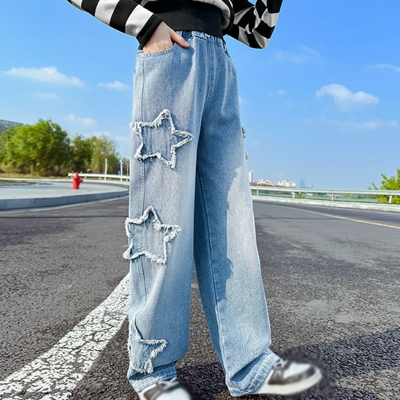 GYRATEDREAM Girls Wide Leg Jeans Kids Elastic Waist Casual Denim Pants Loose Fit Denim Pants with Pockets