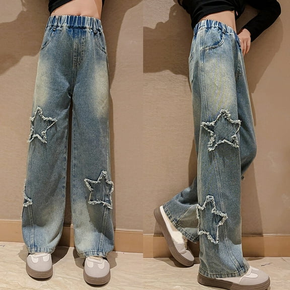 GYRATEDREAM Girls Wide Leg Jeans Kids Elastic Waist Casual Denim Pants Loose Fit Denim Pants with Pockets