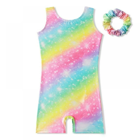 GYRATEDREAM Gymnastics Leotards for Girls Sparkly One-Piece Pro Kids Unitard Biketards with Shorts, Rainbow A 9-10 Years