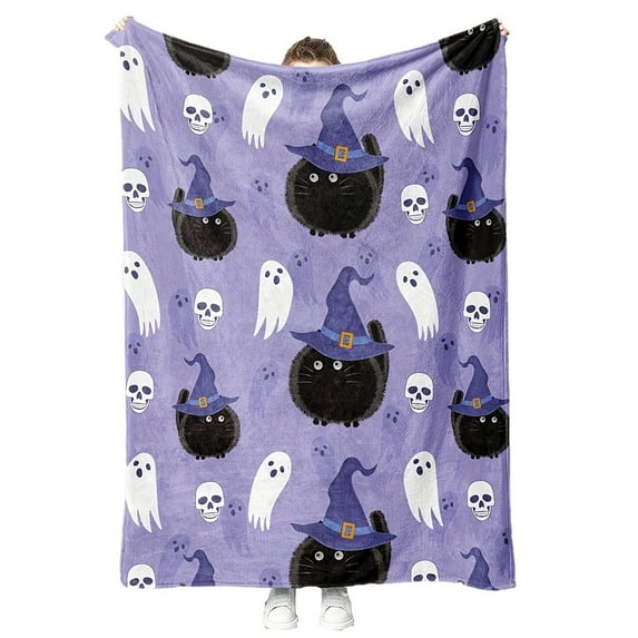 GYRATEDREAM Halloween Throw Blanket for Couch and Bed Ghost Witch's Hat Black Bats and Decorated Pumpkins Print on Soft Blanket for Kids and Adult, 29.52x39.37 inch