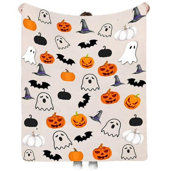 GYRATEDREAM Halloween Throw Blanket for Couch and Bed Ghost Witch's Hat Black Bats and Decorated Pumpkins Print on Soft Blanket for Kids and Adult, 51.18x59.05 inch
