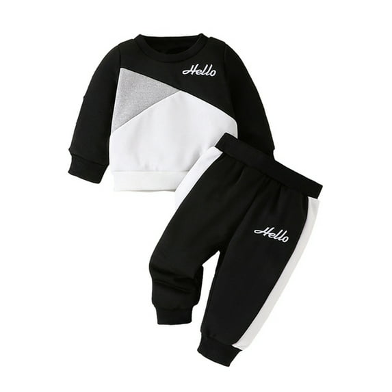GYRATEDREAM Infant Baby Boy Fall Winter Outfit Long Sleeve Patchwork Sweatshirt Pullover Top and Jogger Pants 2 Piece Set Toddler Tracksuit Sweatsuit Clothes Black for 3-24 Months
