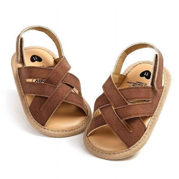 GYRATEDREAM Infant Baby Boys Girls PU Leather Soft Open Toe Sandals Toddler Summer Criss Cross Sandals Flower Princess Flat Shoes Brown for 0-18 Months