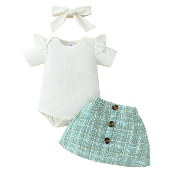 GYRATEDREAM Infant Baby Girl 3Pcs Outfit Ribbed Short Sleeve Romper Plaid Skirt Headband Set Girl Spring Summer Clothes
