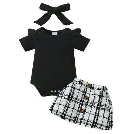 GYRATEDREAM Infant Baby Girl 3Pcs Outfit Ribbed Short Sleeve Romper Plaid Skirt Headband Set Girl Spring Summer Clothes