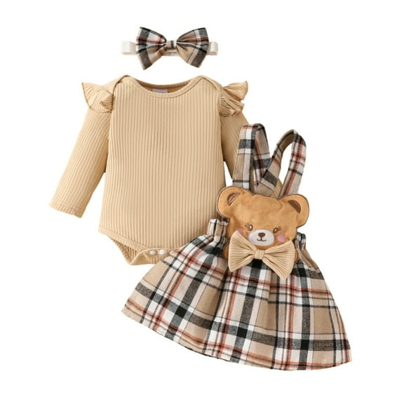 GYRATEDREAM Infant Baby Girl Christmas Thanksgiving Outfit Ruffle Long Sleeve Romper Skirt Set Suspender Dress 3Pcs Clothes Set for 0-18M Beige
