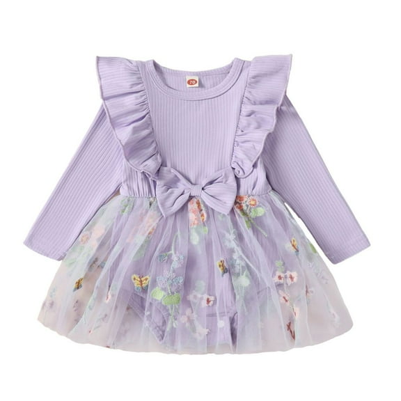 GYRATEDREAM Infant Baby Girl Cute Ribbed Romper Dress Toddler Ruffle Long Sleeve Flower Print Tulle Tutu Dress Birthday Party Holiday Princess Dress Spring Fall Clothes Purple for 6M-3T
