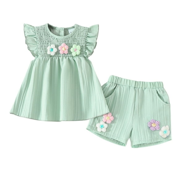 GYRATEDREAM Infant Baby Girl Shorts Outfit Toddler 3D Flower Embroidered Flying Sleeve Tunic Tops Elastic Waist Jogger Shorts 2Pcs Summer Clothes Green for 9 Months-4 Years