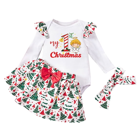 GYRATEDREAM Infant Baby Girls Christmas Outfits Toddler Ruffle Long Sleeve Romper Xmas Tree Print Skirt Tutu Dress Headband 3Pcs Set for 3-24 Months