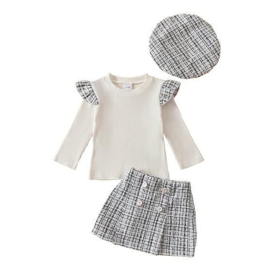 GYRATEDREAM Infant Baby Girls Cute Outfit Toddler Ruffle Long Sleeve Round Neck Ribbed Pullover Top + Mini Wrap Skirt + Beret Hat 3Pcs Set Spring Fall Clothes White for 6M-4T