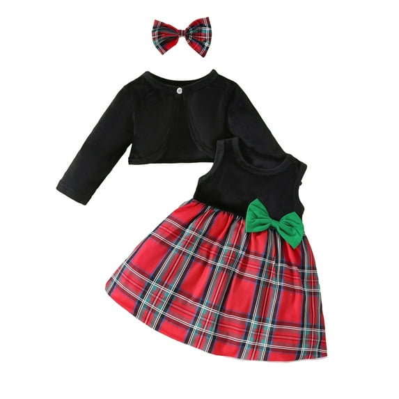 GYRATEDREAM Infant Baby Girls Fall Winter Dress Outfits Toddler Plaid Print Sleeveless Dress + Long Sleeve Cardigan Coat + Headband 3Pcs Clothes Set for 3 Months-3 Years Black