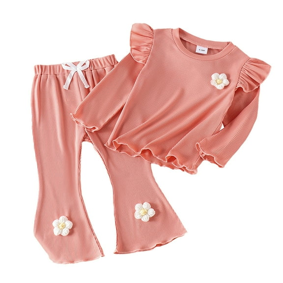 GYRATEDREAM Infant Baby Girls Fall Winter Outfits Toddler Ruffle Long Sleeve Crewneck Floral Decoration Sweatshirt Pullover Top + Solid Color Flare Pants 2Pcs Clothing Set for 6 Months-3 Years Pink
