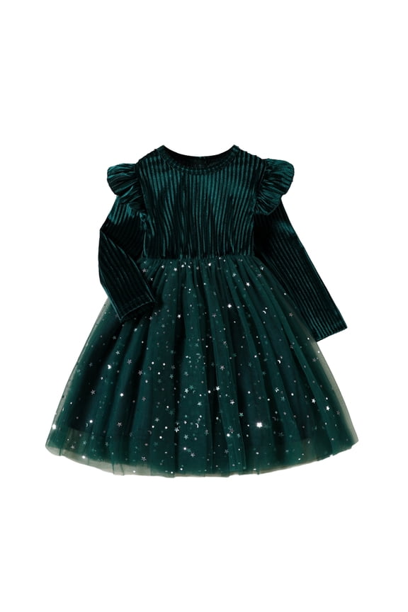 Infant Baby Girls Fall Winter Tutu Dresses Toddler Velvet Ruffle Long Sleeve Holiday Birthday Party Wedding Ribbed Tulle Dress Green for 6M-3Y