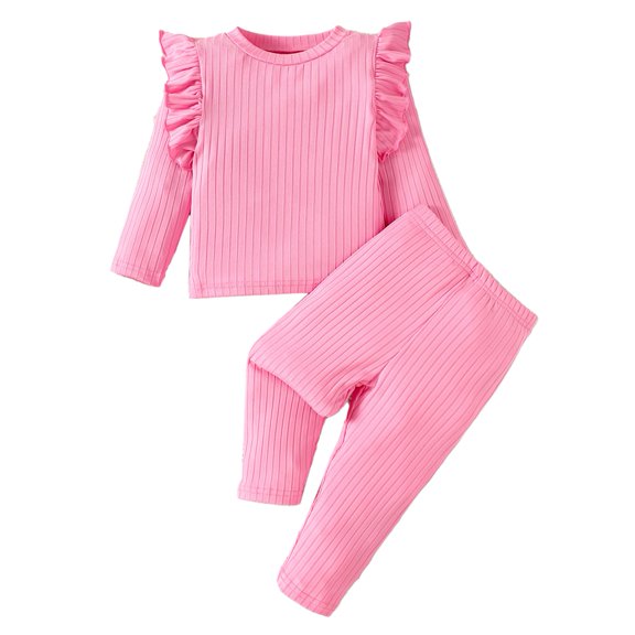 GYRATEDREAM Infant Baby Girls Fashion Outfits Crewneck Ruffle Long Sleeve Solid Color Ribbed Sweatshirt and Pant Set Toddler Spring Fall Clothes Pink for 6M-3T