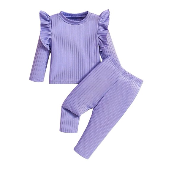 GYRATEDREAM Infant Baby Girls Fashion Outfits Crewneck Ruffle Long Sleeve Solid Color Ribbed Sweatshirt and Pant Set Toddler Spring Fall Clothes Purple for 6M-3T