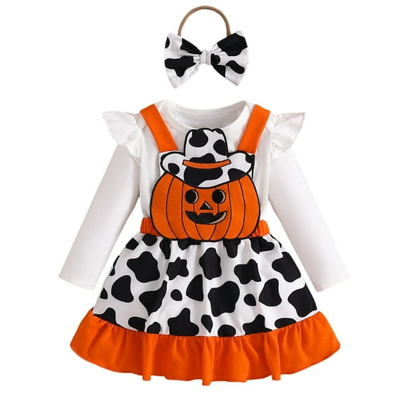 GYRATEDREAM Newborn Baby Girl Clothes Set Long Sleeve Ruffle Romper Pumpkin Suspender Skirt Headband Set Infant Girls Halloween Outfits Set