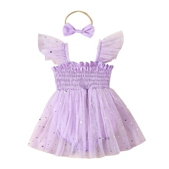 GYRATEDREAM Infant Baby Girls' One-Piece Rompers Dress Shiny Stars Mesh Short Fly Sleeve Jumpsuits Tutu Princess Casual Dresses Outfits for 0-18M