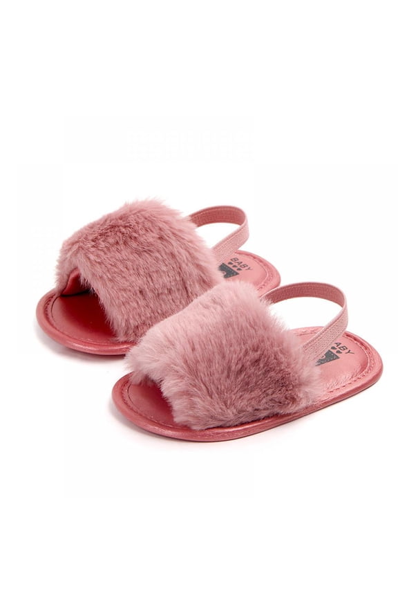 Infant Baby Girls Sandals Faux Fur Slides with Elastic Back Strap Flats Slippers Shoes 0-18 Months