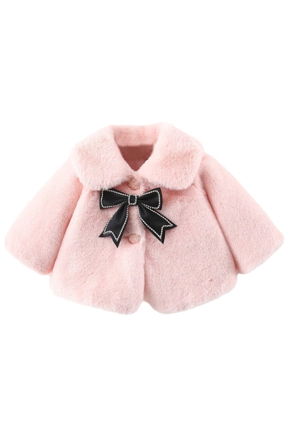 Infant Toddler Baby Girls Cute Winter Warm Thick Fur Capes Cardigan Cloak Windproof Coat with Bow Pom-Pom Balls for 2-3Y Pink