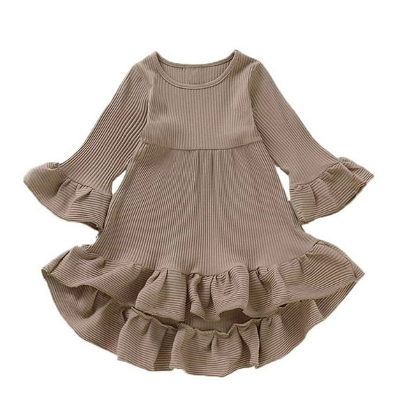 GYRATEDREAM Infant Toddler Girls Solid Color Cotton Dress Baby Round Neck Long Flare Sleeve Ruffle Trim Birthday Party Princess Dress for 6 Months-4 Years