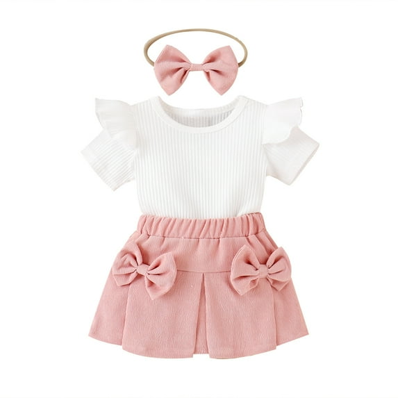 GYRATEDREAM Infant Toddler Girls Summer Cotton 3Pcs Outfits Baby Ruffle Short Sleeve Knit Ribbed T-Shirt Top + Elastic Waist Bowknot Skirt + Headband Set for 3 Months-2 Years