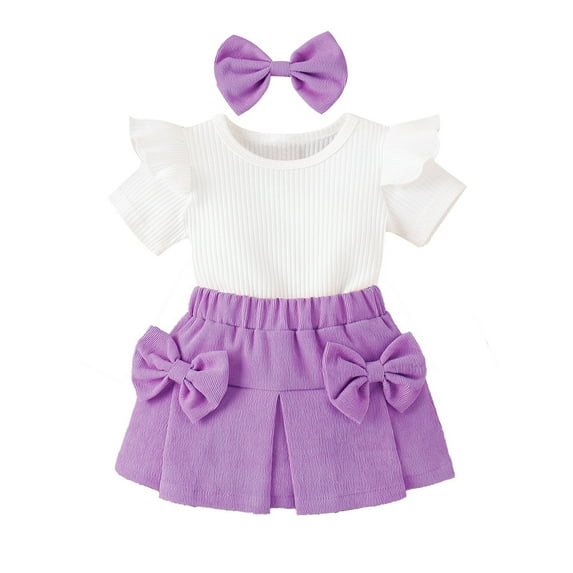 GYRATEDREAM Infant Toddler Girls Summer Cotton 3Pcs Outfits Baby Ruffle Short Sleeve Knit Ribbed T-Shirt Top + Elastic Waist Bowknot Skirt + Headband Set for 3 Months-2 Years