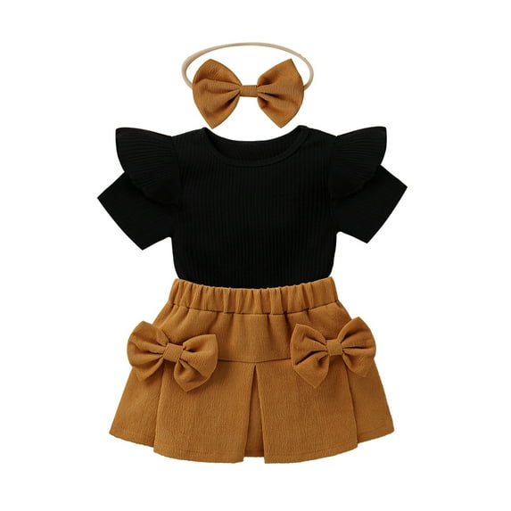 GYRATEDREAM Infant Toddler Girls Summer Cotton 3Pcs Outfits Baby Ruffle Short Sleeve Knit Ribbed T-Shirt Top + Elastic Waist Bowknot Skirt + Headband Set for 3 Months-2 Years