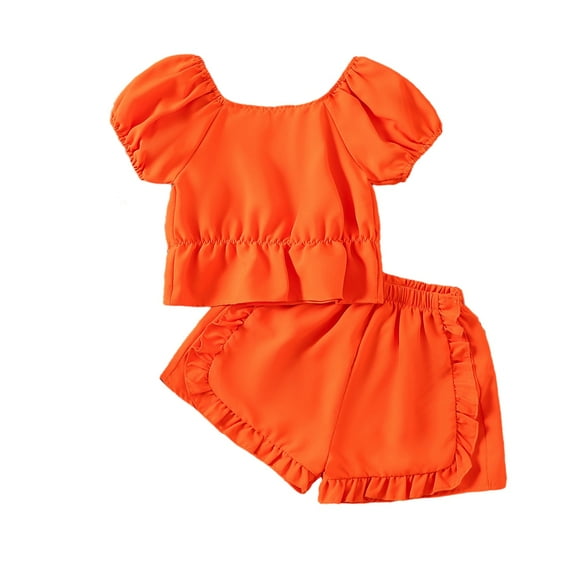 GYRATEDREAM Infant Toddler Girls Summer Cotton Shorts Set Baby Crew Neck Puff Sleeve Solid Color T-Shirt Top + Elastic Waist Bubble Shorts Outfits Clothes for 6 Months-4 Years