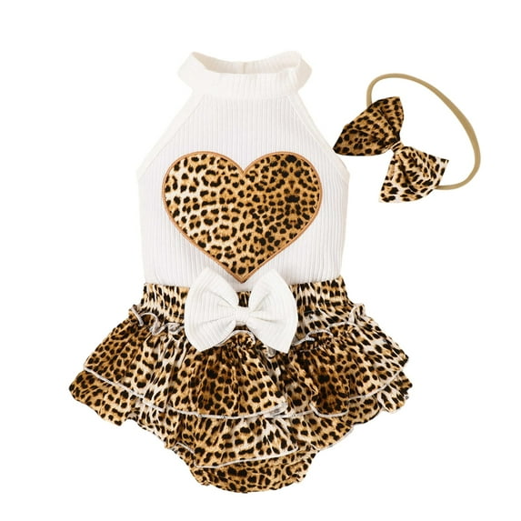GYRATEDREAM Infant Toddler Girls Summer Leopard Print Romper Outfits Baby Halter Sleeveless Love Shirt + Bowknot Layered Skirt Two-Piece Set for 0 Month-2 Years