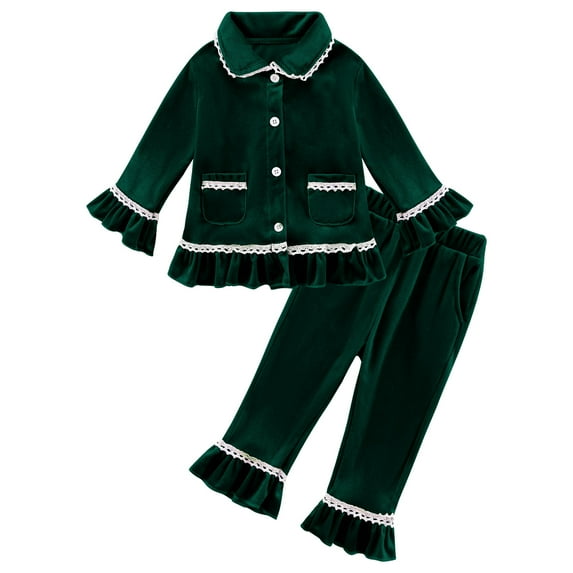 GYRATEDREAM Infant Toddler Kids Baby Girl Solid Pjs Ruffle Long Sleeve Button Shirt Top and Pants Loungewear 2Piece Satin Pajamas Set 0-5 Years