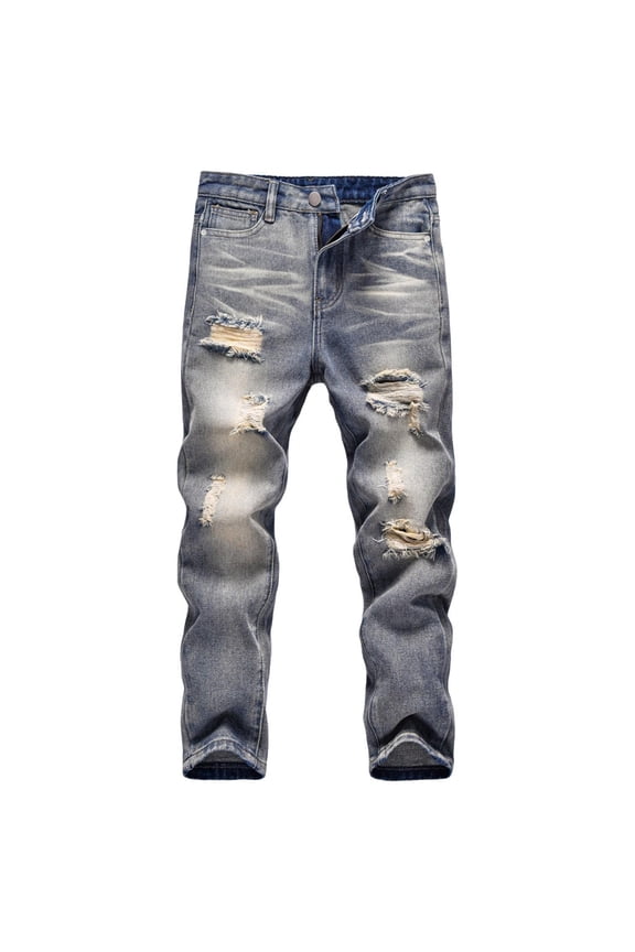 Kid Boys Ripped Destroyed Straight Leg Jeans Children Fashion Skinny Fit Elastic Waist Distressed Denim Pants Stretch Slim Trousers for 5-13 Years
