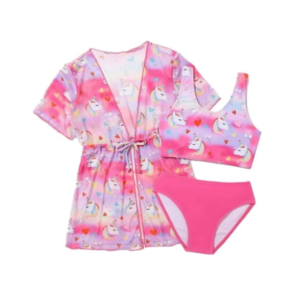 GYRATEDREAM Kid Girls Swimsuit 3 Piece Bikini Bathing Suit Children Cute Print Quick Dry Swimwear Sun Protection Cover-Up Sets for 6-12 Years