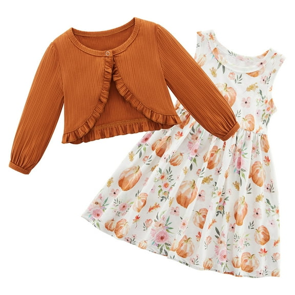 GYRATEDREAM Kid Toddler Girl Fall Dress Cardigan 2 Piece Pumpkin Sleeveless Dress and Cardigan Set Halloween Thanksgiving Outfits 18M-5Y