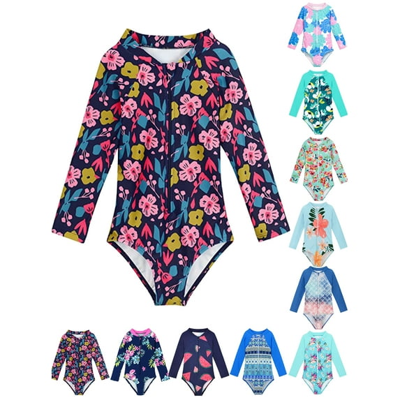 GYRATEDREAM Kids Girl Romper Swimwear One Piece Bikini Swimsuits Long Sleeve Rash Guard Bathing Suit Bow Sport Beach Sets