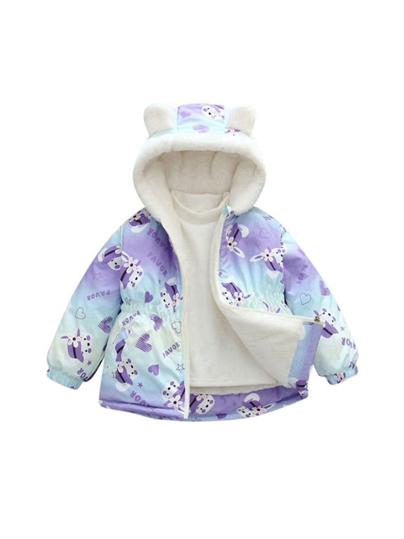 Kids Girls Bear Ear Hooded Winter Jacket Fleece Lined Cartoon Rabbit Print Warm Coat 2-10Y
