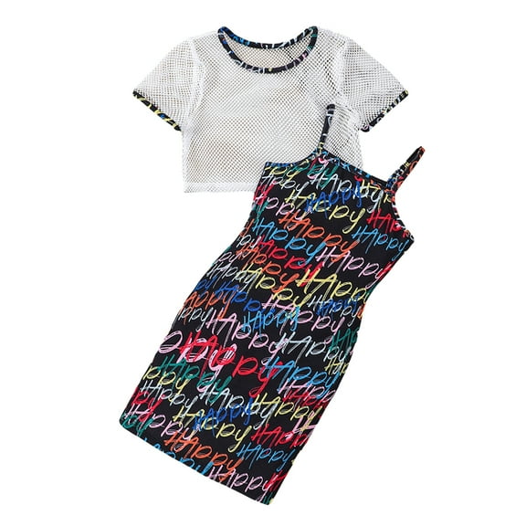 GYRATEDREAM Kids Girls Dress Outfits Child Teen Short Sleeve Mesh Cover up Crop Top + Letter Print Spaghetti Strap Tight Sleeveless Pencil Dresses 2 Piece Set for 6-14 Years