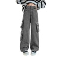 thumbnail image 1 of GYRATEDREAM Kids Girls' Elastic Waist Denim Cargo Pants Children High Waist Fashion Wide Leg Baggy Jeans Casual Streetwear with Pockets Dark Grey for 5-13Y, 1 of 8
