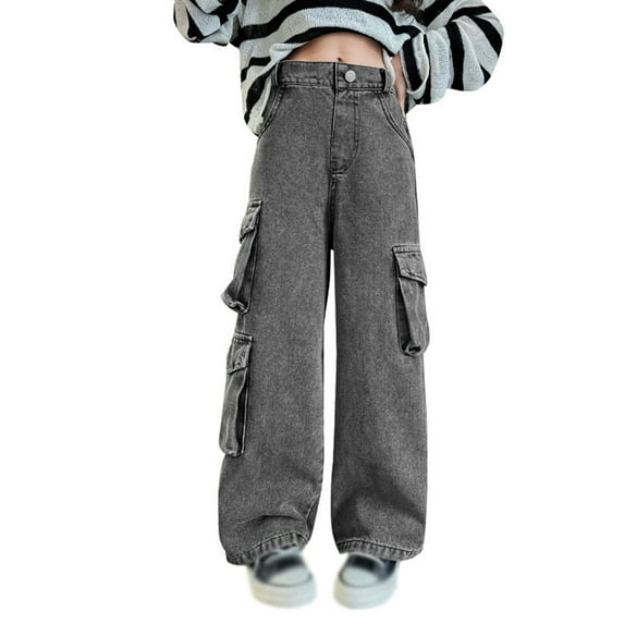 GYRATEDREAM Kids Girls' Elastic Waist Denim Cargo Pants Children High Waist Fashion Wide Leg Baggy Jeans Casual Streetwear with Pockets Dark Grey for 5-13Y