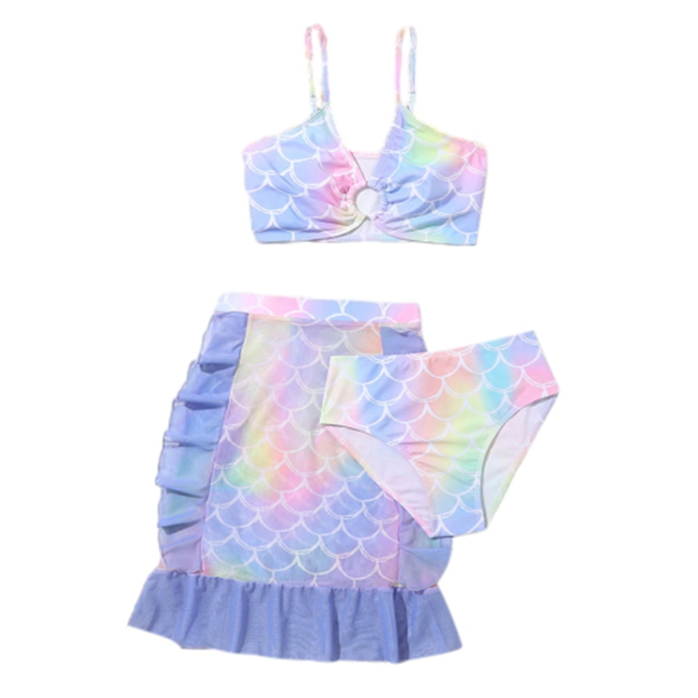 GYRATEDREAM Kids Girls Fish Scales Print 3 Pieces Swimsuit Mermaid Holiday Beachwear Bikini Set