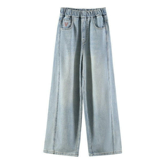 GYRATEDREAM Kids Girls Jeans Casual Denim Pants Elastic Waist Casual Baggy Wide Leg Jeans Micro Boot Pants 5-14 Years